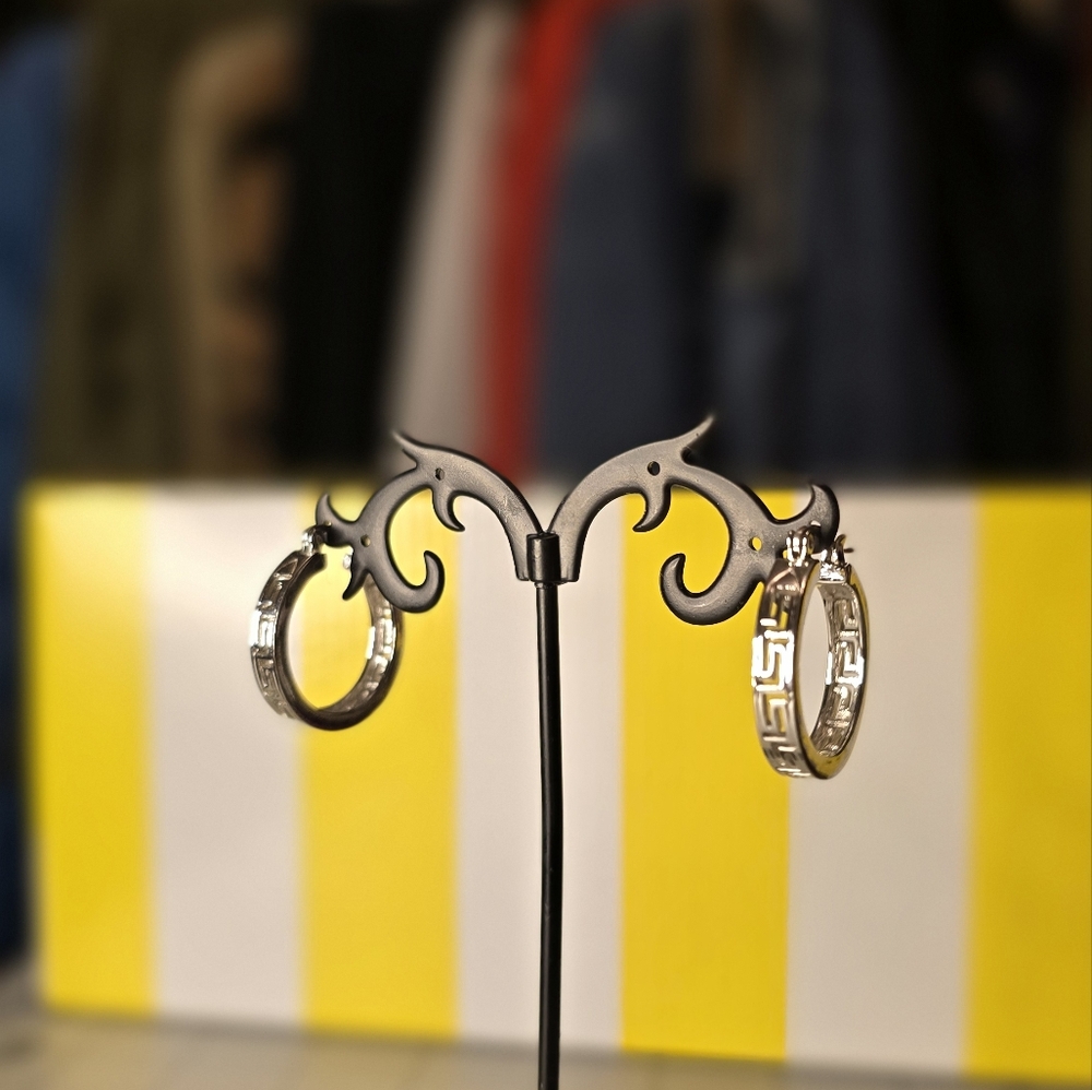 Silver Hoop Earrings with Greek Key Design